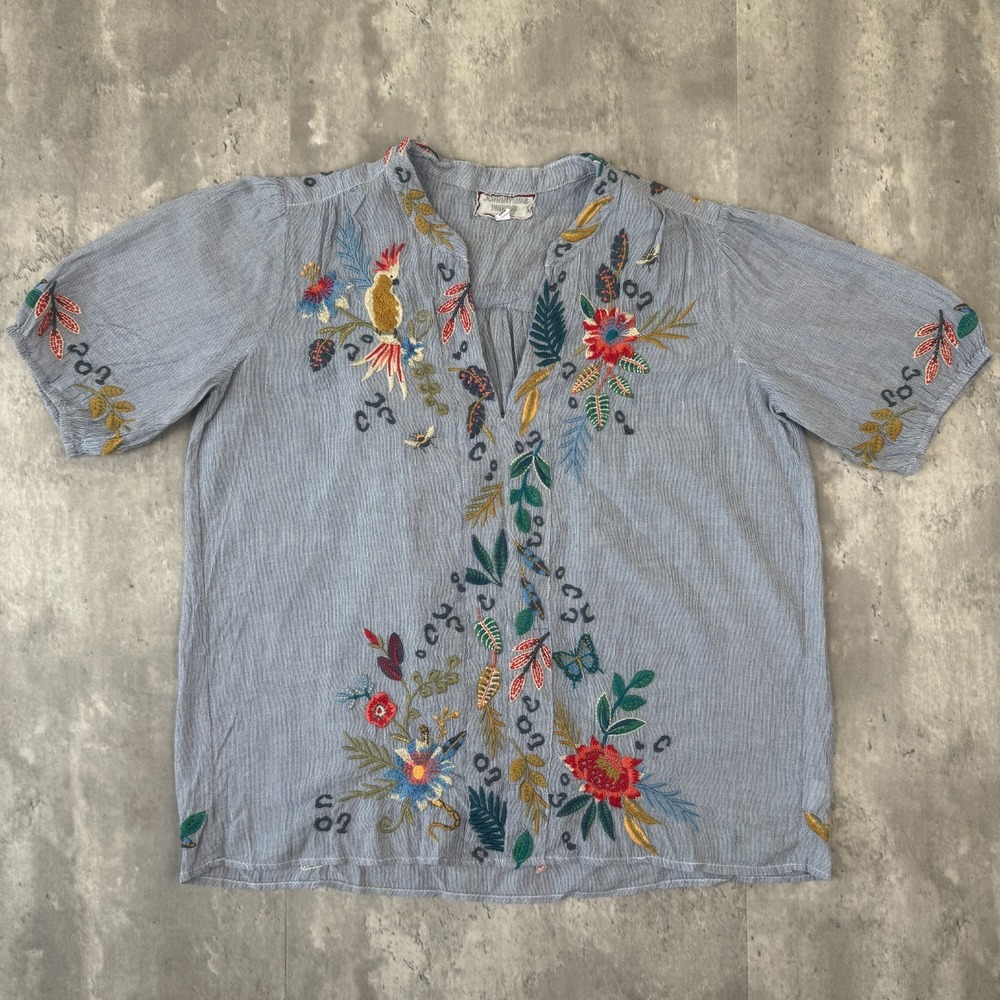 Johnny Was Indraa Puff Sleeve Blouse Women's XS Blue Stripe Embroidered W19221-2